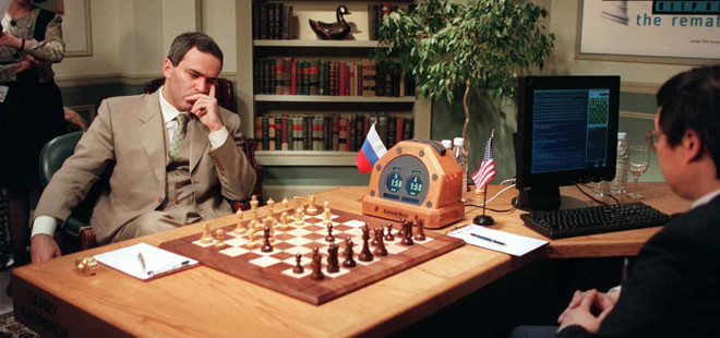 World chess champion Garry Kasparov ponders his next move against IBM's  chess playing computer, Deep Blue, during the third game of their six game  rematch, Tuesday, May 6, 1997, in New York. (